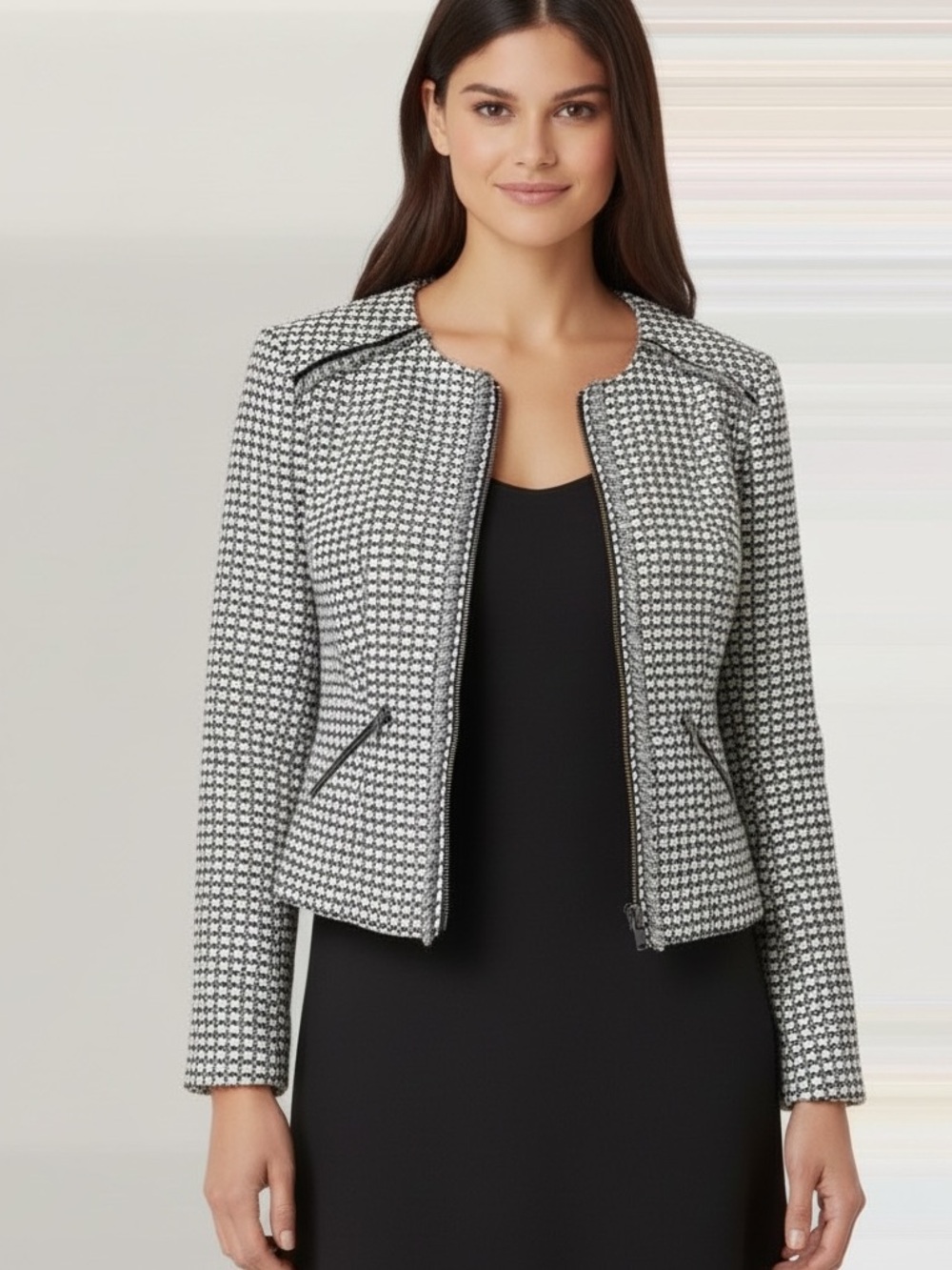 Karl Lagerfeld Zip Front Jacket 8 White Black Geometric Pattern Parisian Chic